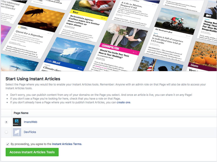 Signup for Facebook Instant Article