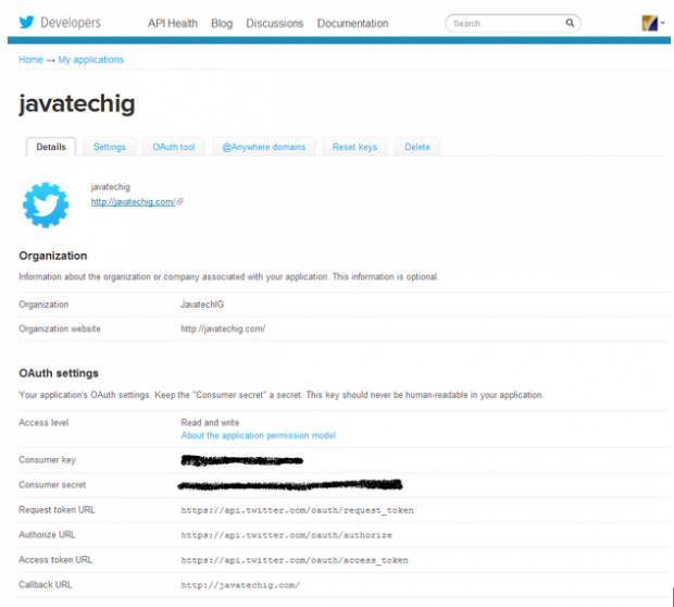 Create new application in twitter console