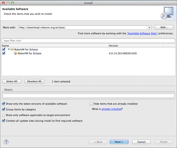 Installing RoboVM eclipse plugin